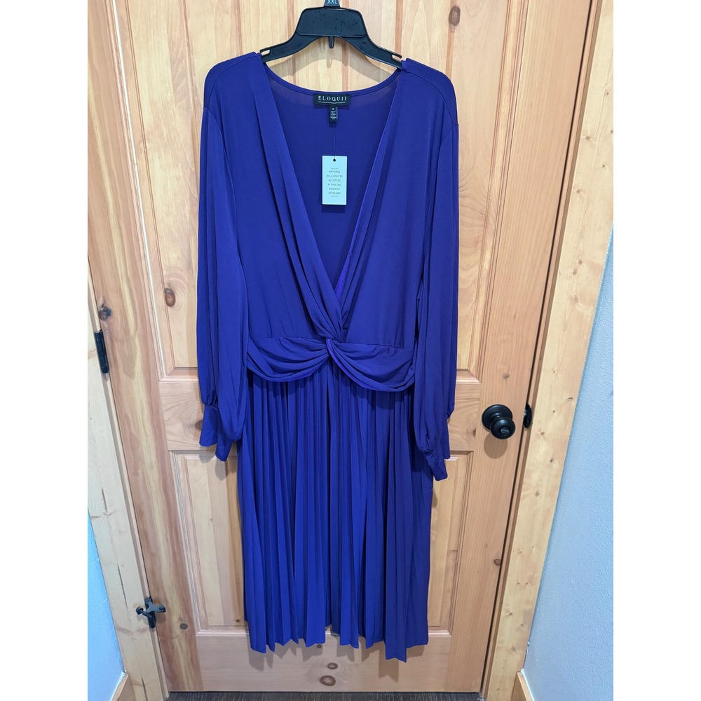 Eloquii Purple Twist Front Pleated Midi Dress Long‎ Sleeve V-Neck Plus Sz 26 NEW - Picture 4 of 8